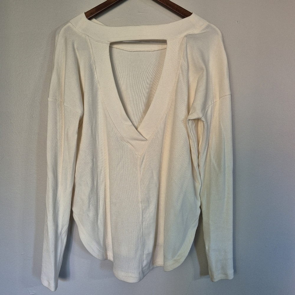 Athleta Presence Ribbed Sweater Deep V Back In Ivory Small - Picture 3 of 8